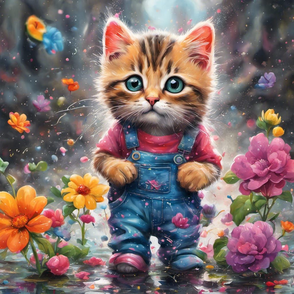 Kitten in Overalls: Rainbow Graffiti Art