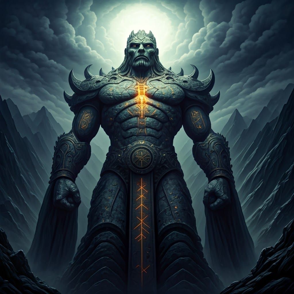 Ancient Stone Deity in Dark Surrealist Landscape