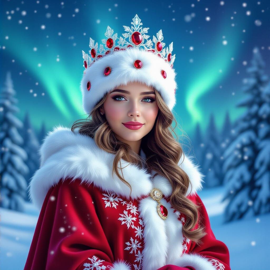 Princess Under Aurora Borealis in Ruby Crown