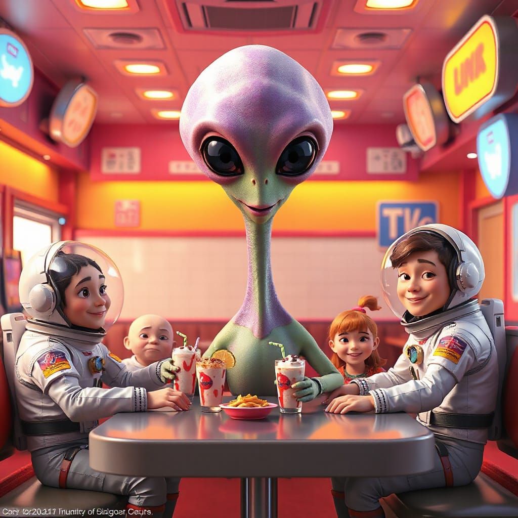 Cute Alien with Astronauts in Space Diner - Pixar Style Post...