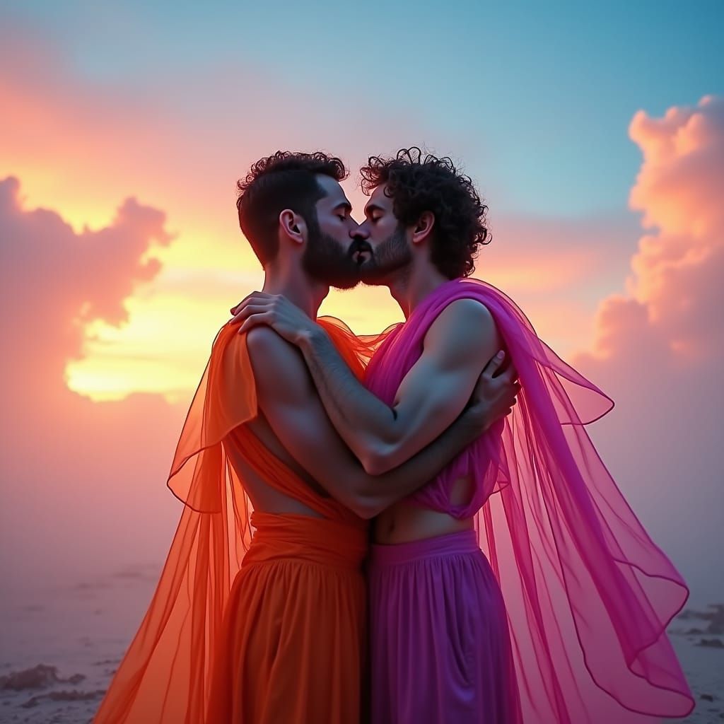 Embracing Men Under Rainbow Sky: Hyper-Realistic Art