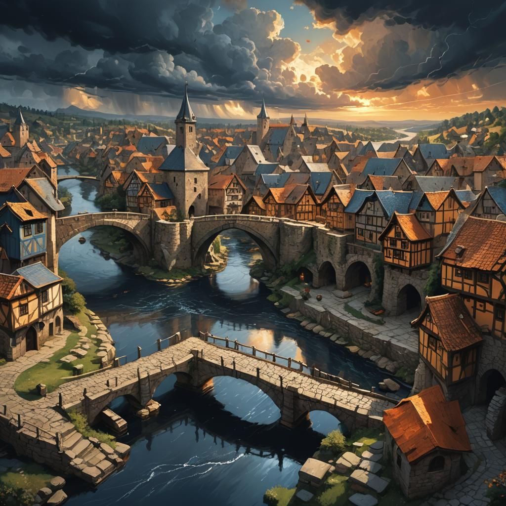 Medieval Town with River in Fantasy Digital Art