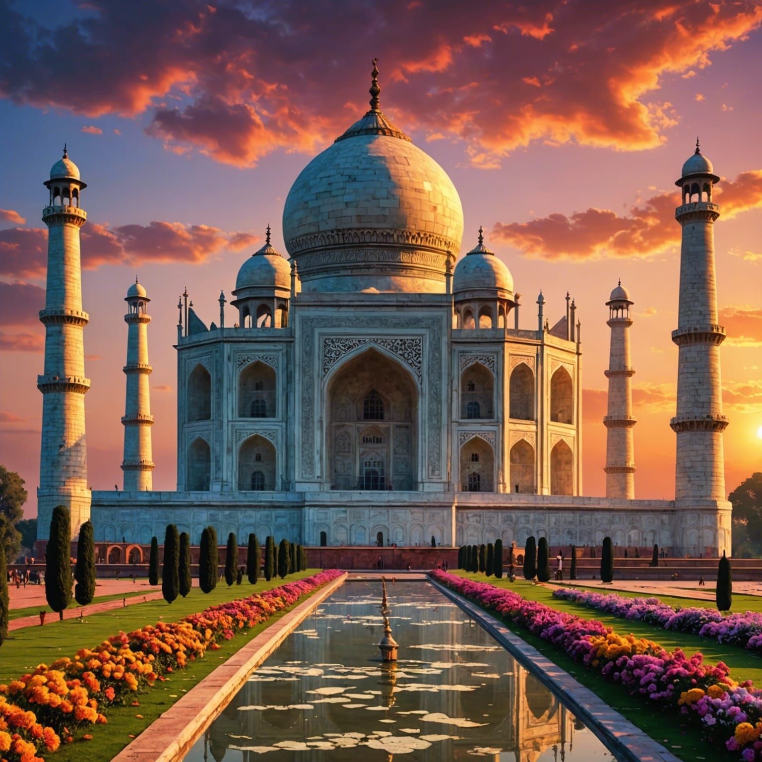 Majestic Taj Mahal at Dazzling Colorful Sunset
