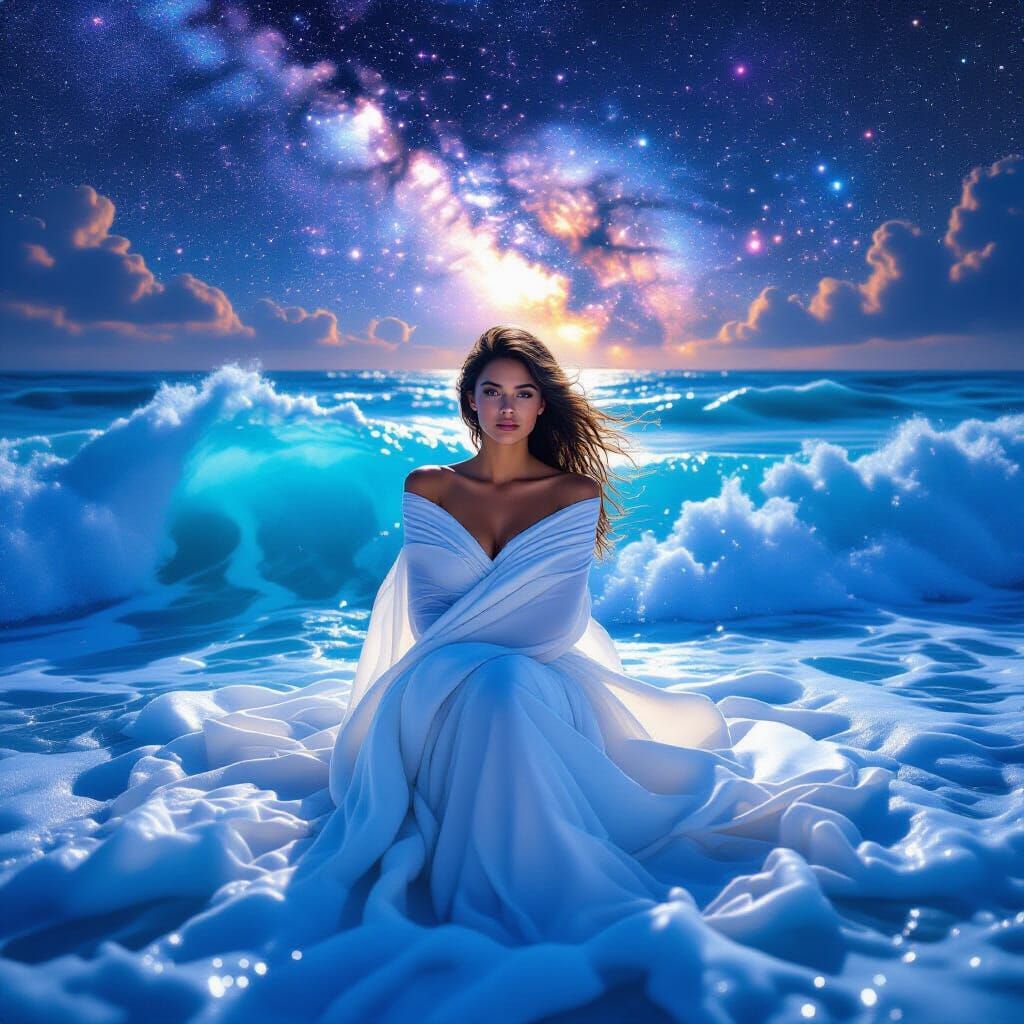 Ocean Blanket: Woman in Waves Under Starlight