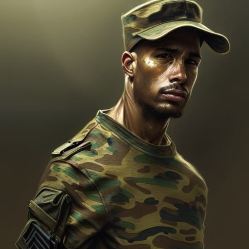 Detailed Portrait of Soldier in Camouflage Gear