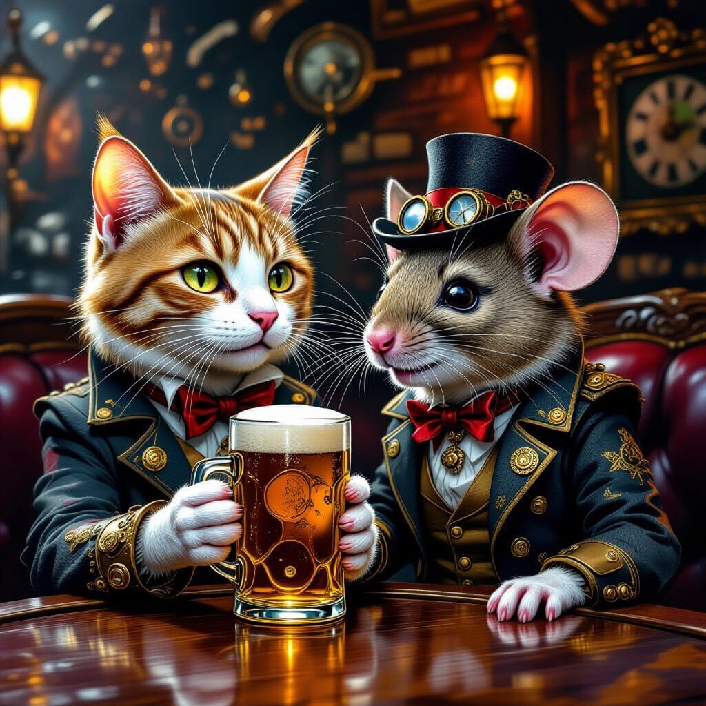 Steampunk Cat and Mouse Enjoying Beer in a Detailed Bar