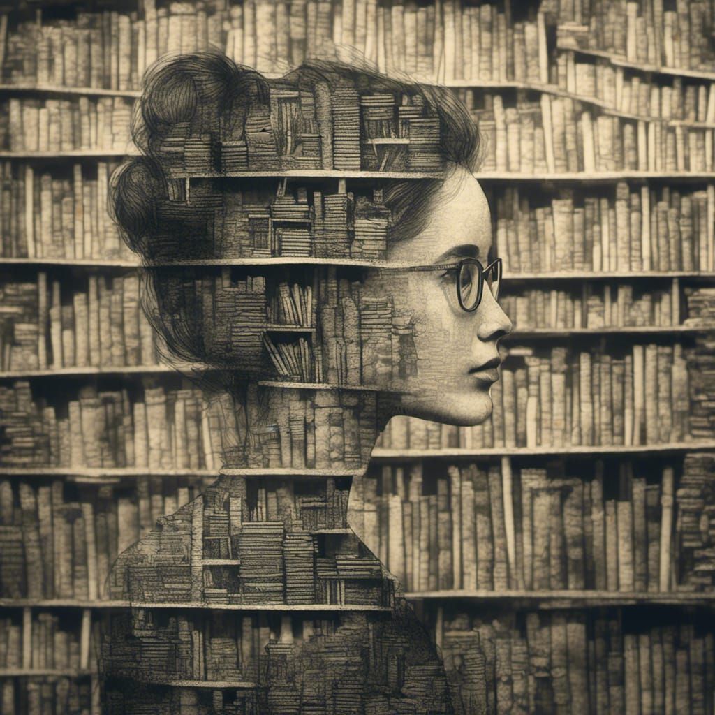 A double exposure pencil drawing Books on the Brain