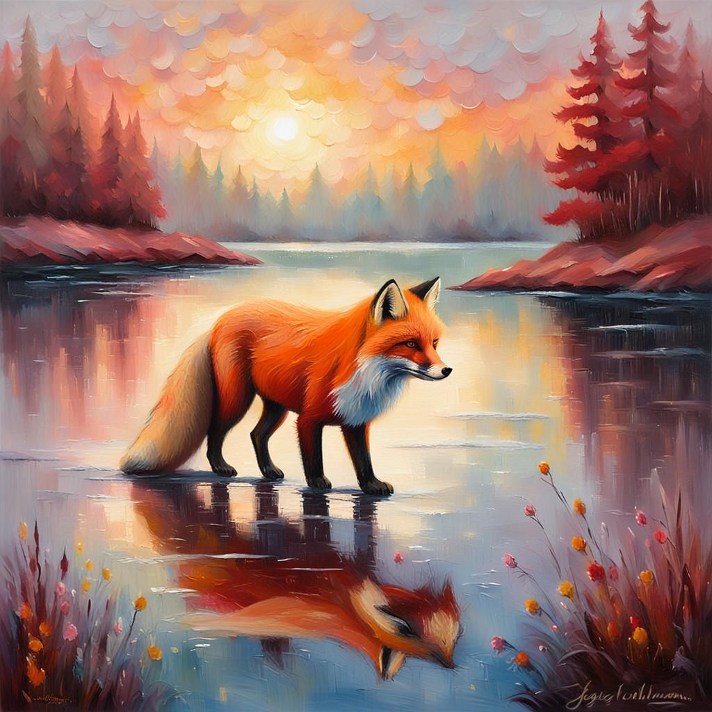 Red Fox at Dawn: Whimsical Impasto Oil Painting