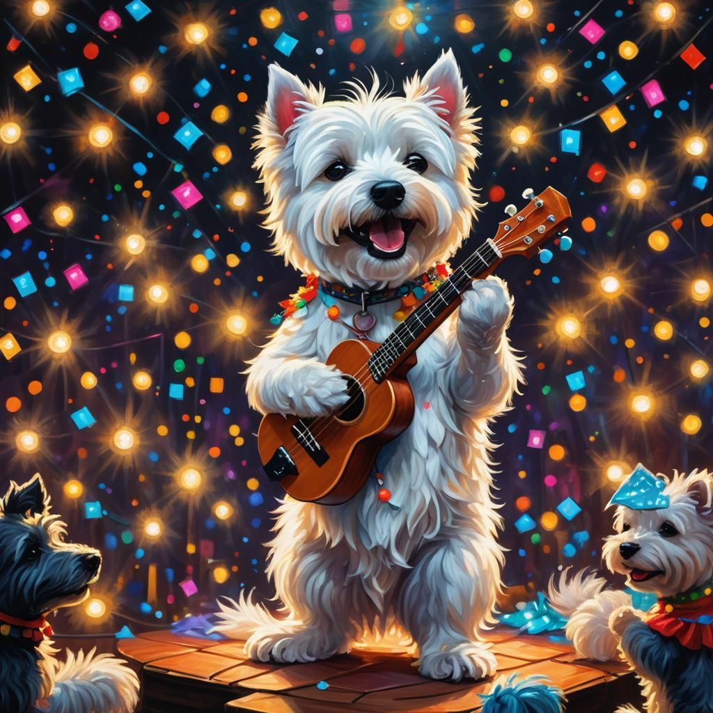 Westie Plays Ukulele: Vibrant Oil Painting