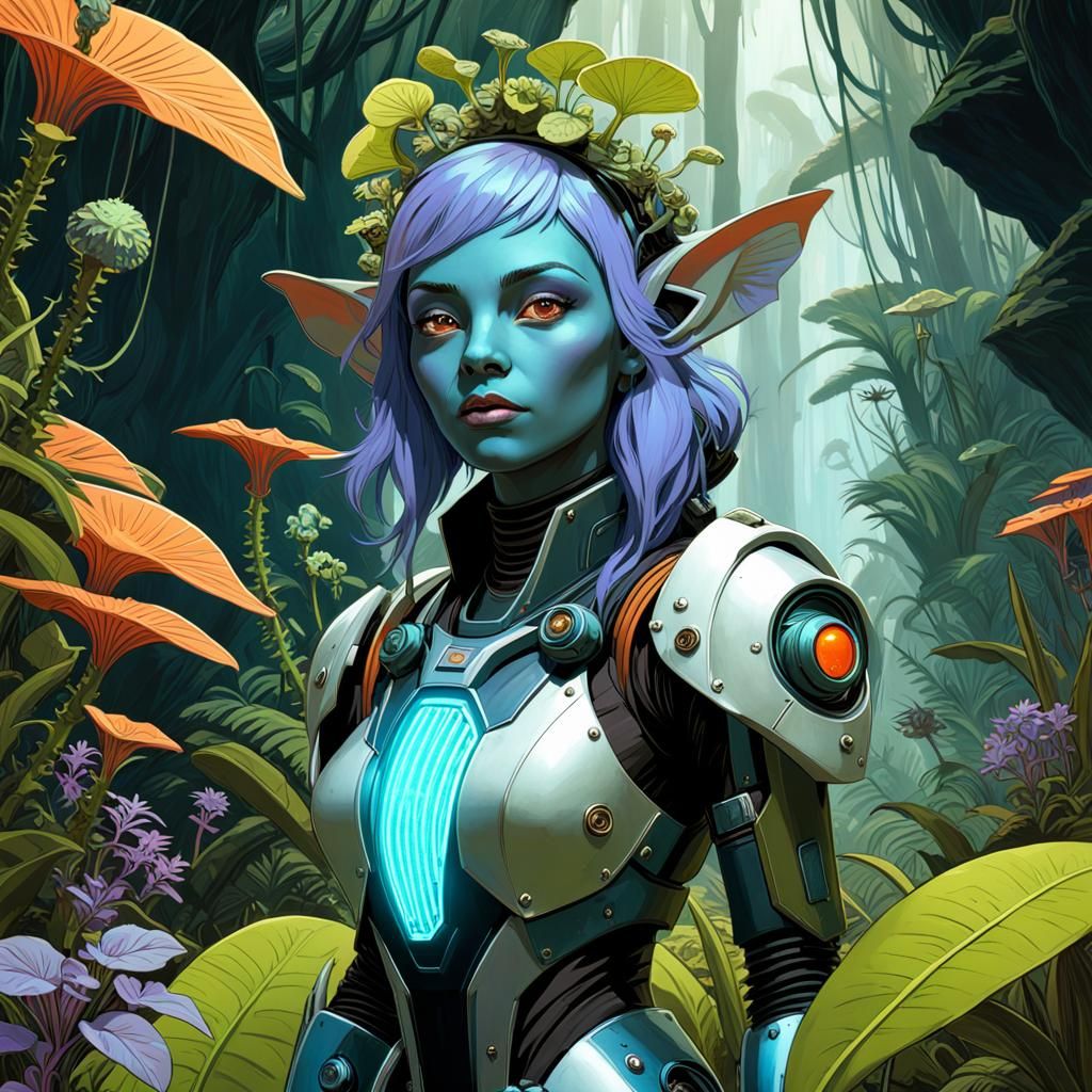 Blue Goblin Warlock in Futuristic Rainforest