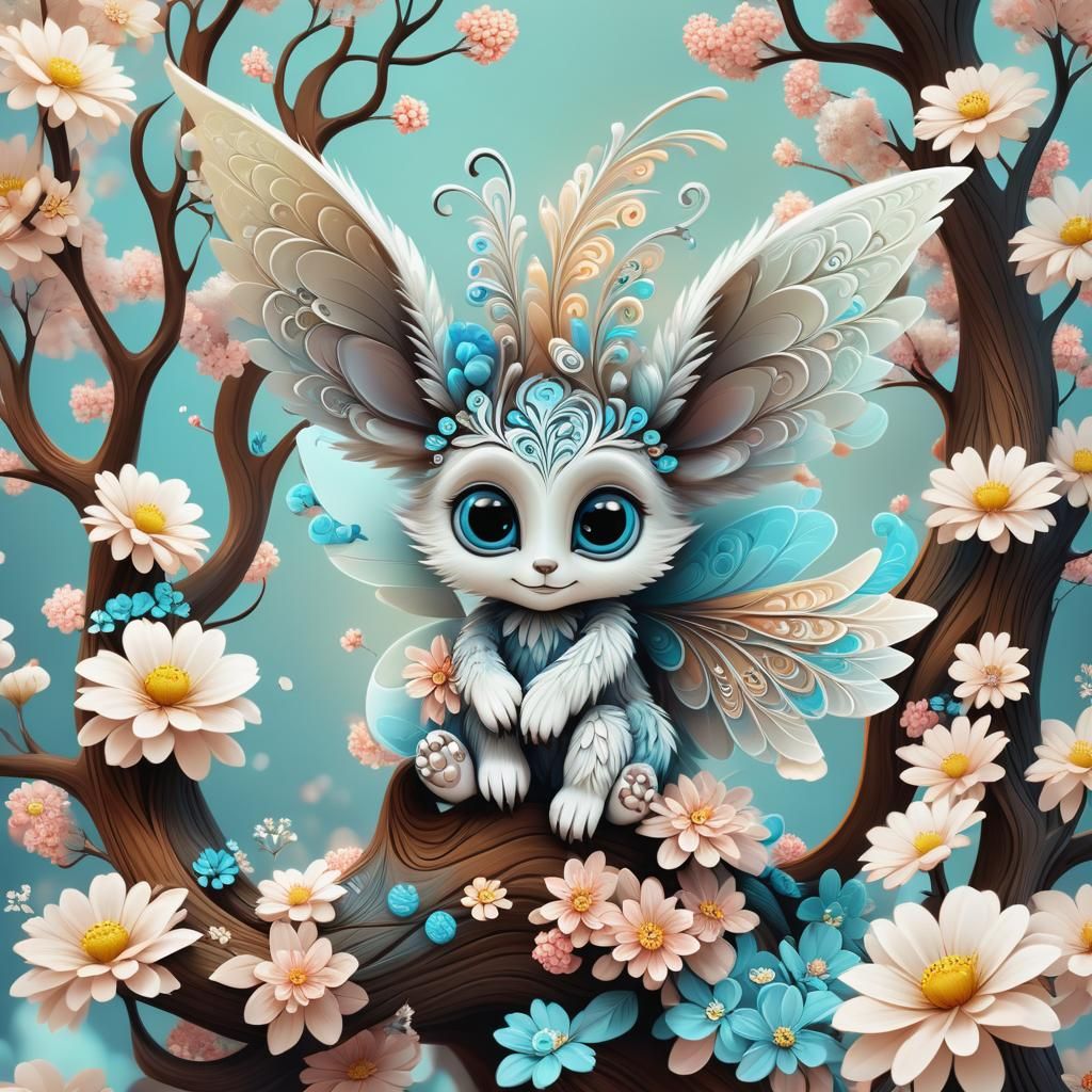 Cute Anthropomorphic Creature Cuddling Flowers in Fractal De...