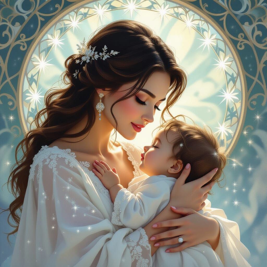 Mother's Radiant Love: White Sparkle with Magical Eyes