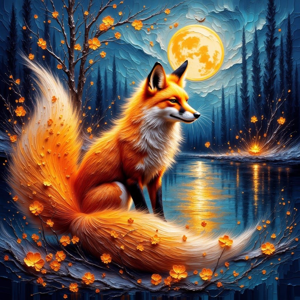 Majestic Fox with Fiery Aura in Epic Oil Painting Style