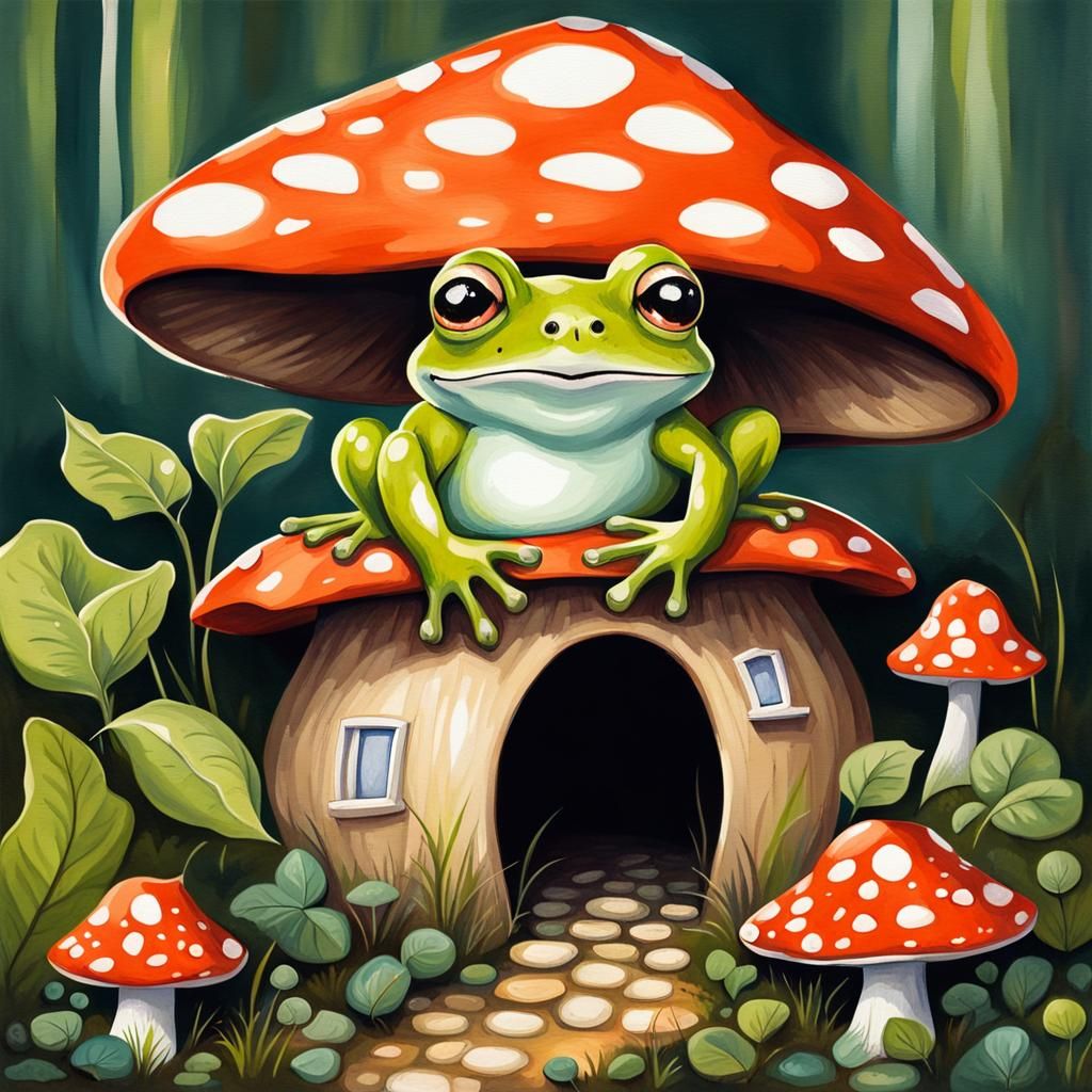 Charming Frog in Mushroom House: Gouache Painting