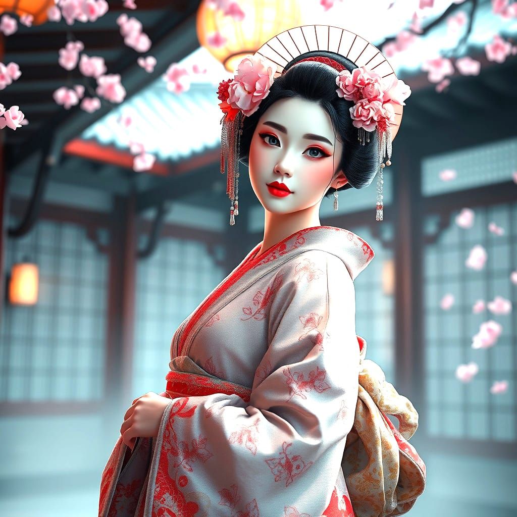 Anime-Style Geisha in Detailed 3D Rendering
