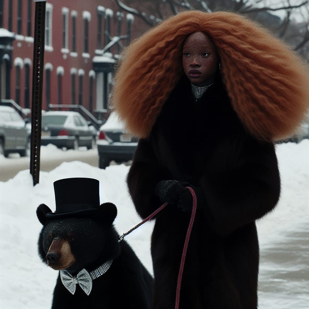 Woman Walks Bear in Snowy Philadelphia: Cinematic Style