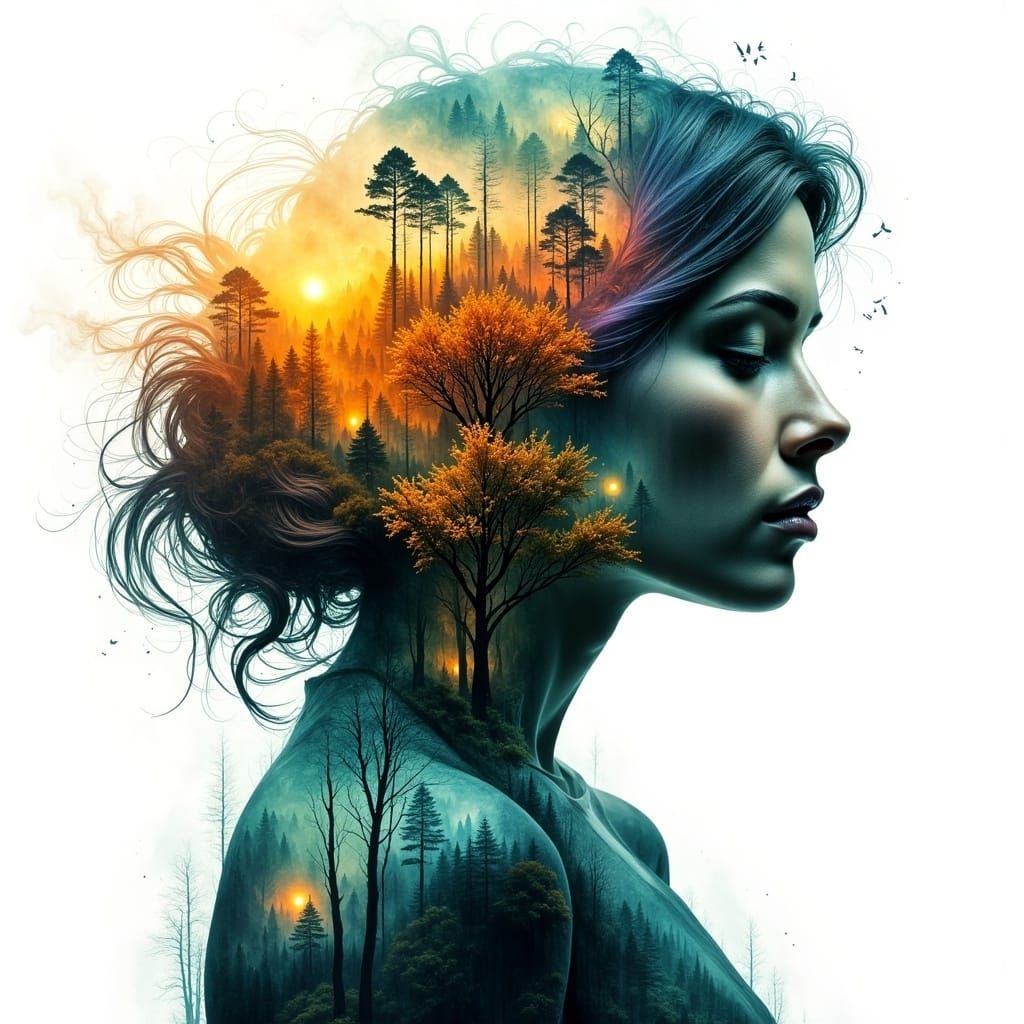 Woman with Magical Hair in Double Exposure