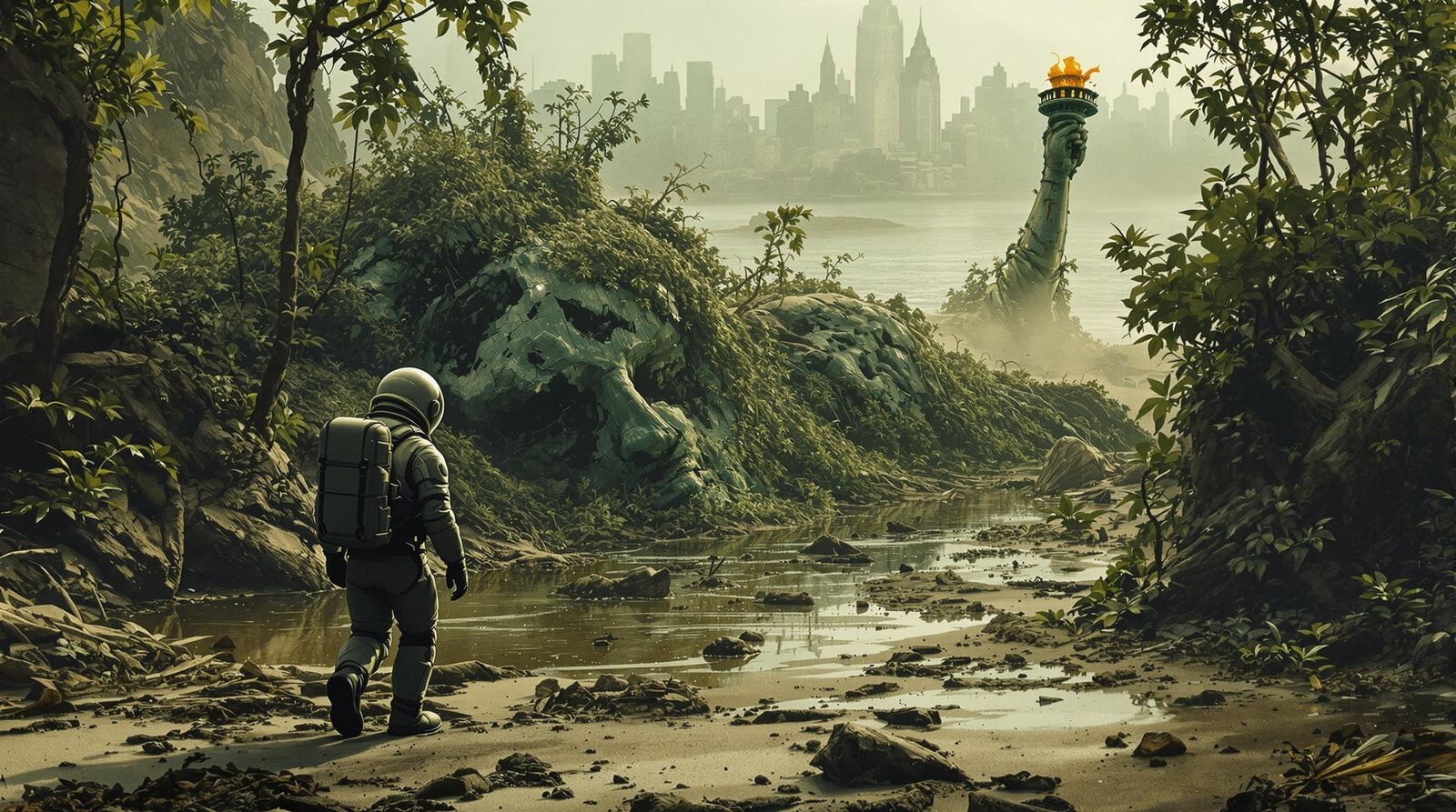 Lost Astronaut Amidst Ruined New York City