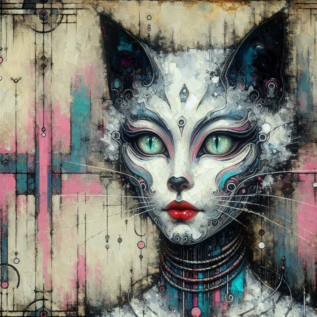 Whimsical Abstract Portrait: Human-Feline Fusion in Acrylic ...