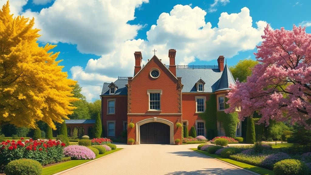 Grand Brick Chateau with Vibrant Garden Under Blue Sky