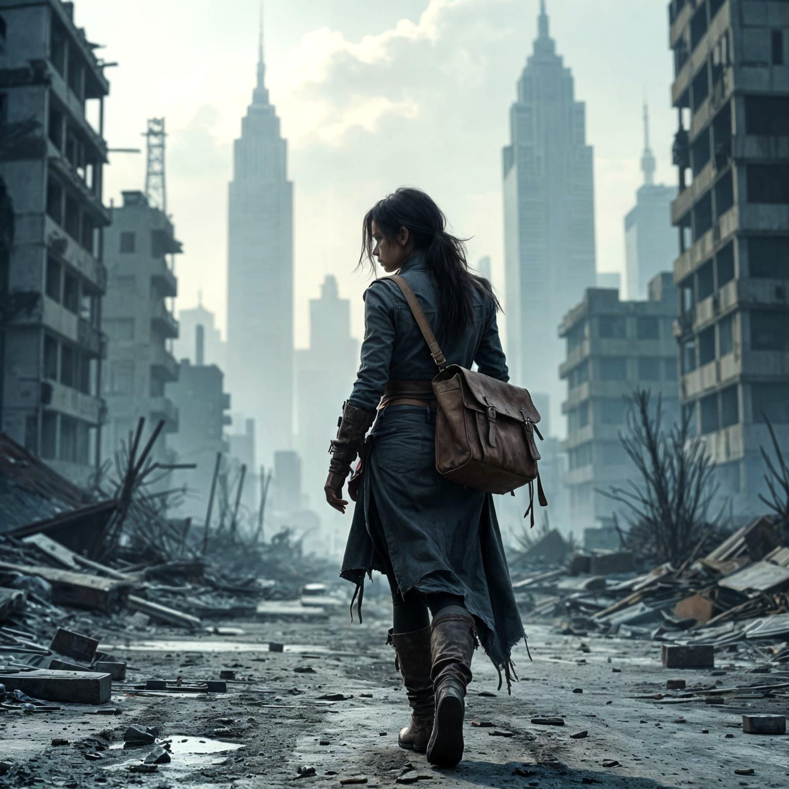 Latina Wanderer in Post-Apocalyptic Noir Landscape