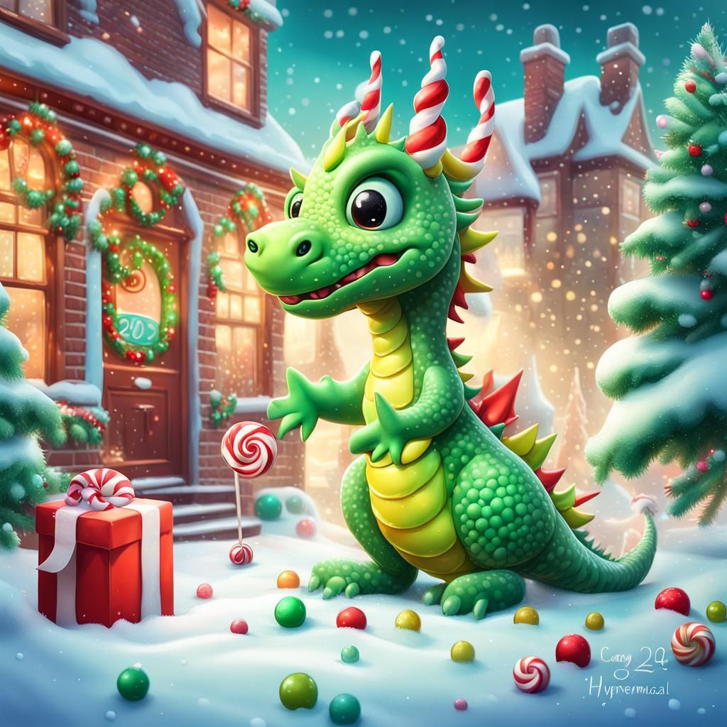 Festive Christmas Card with Dragon in Candy Art Style