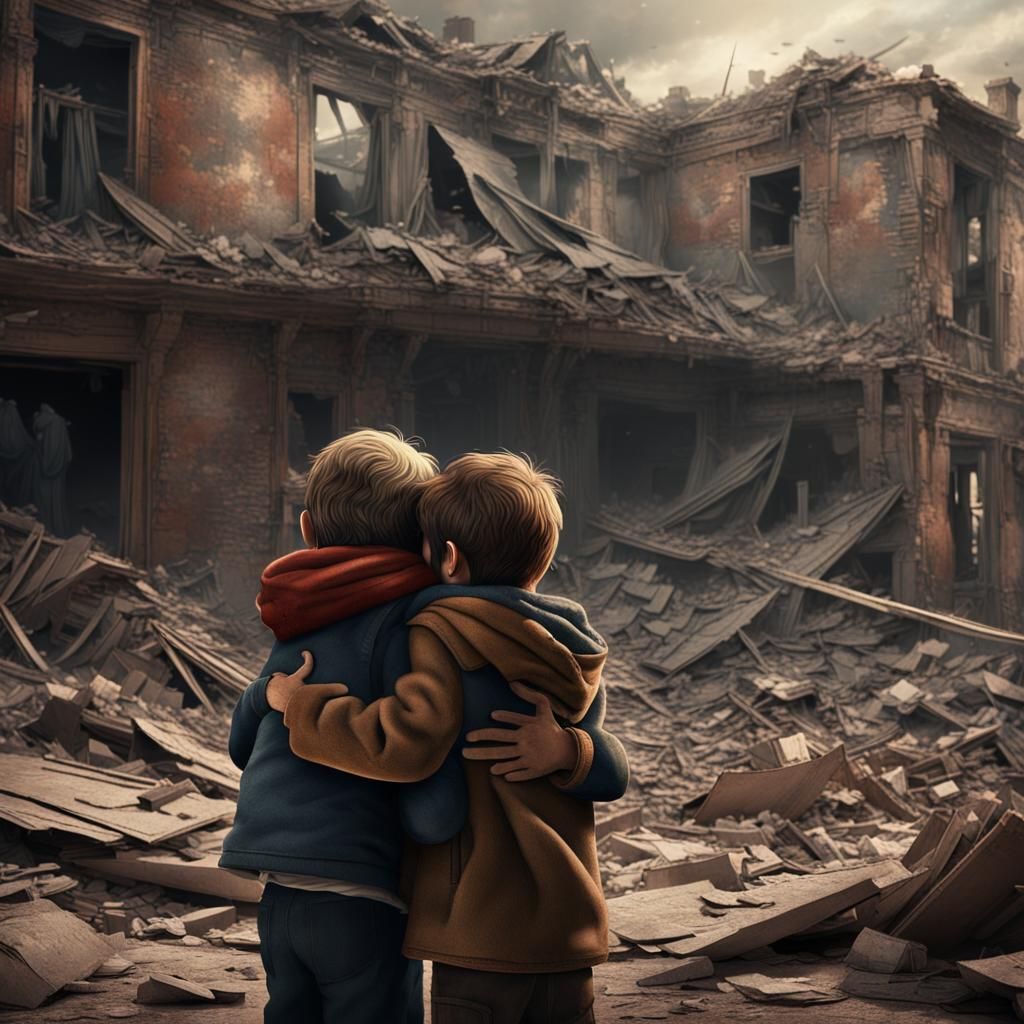 War's Aftermath: Children's Embrace in Digital Painting