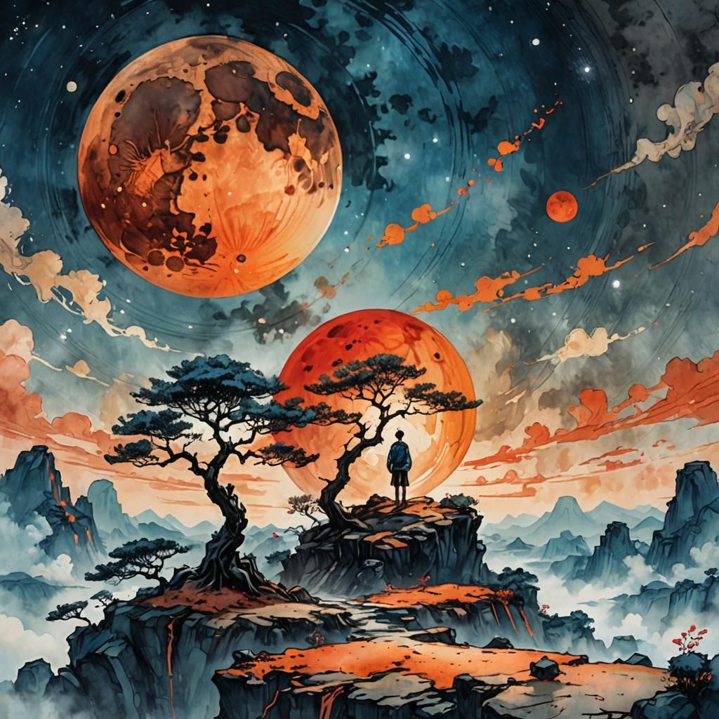 Chinese Ink Painting: Lone Figure on Space Planet