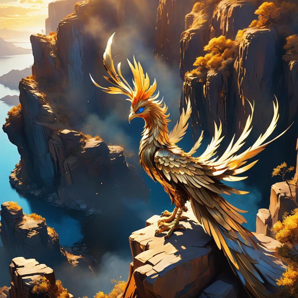 Golden Phoenix on Cliff, Cinematic Oil Painting