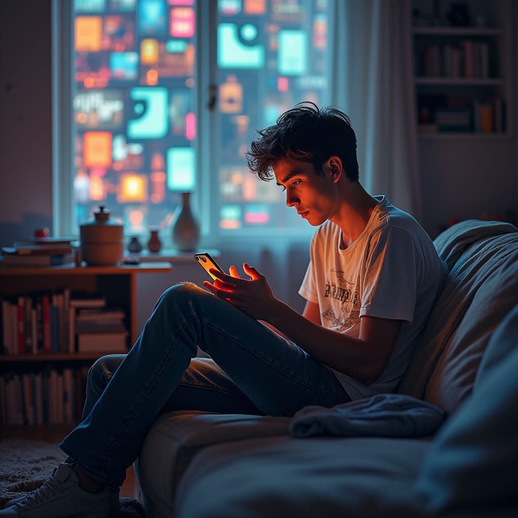 Contemplative Man Scrolling in Apartment, Detailed Matte Pai...