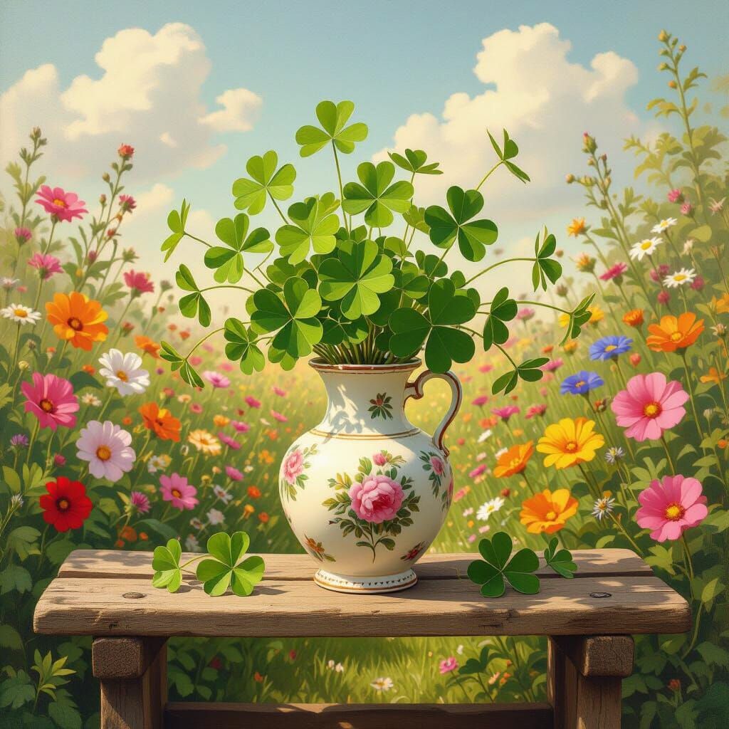 Clovers in Antique Vase: Impressionist Garden Scene