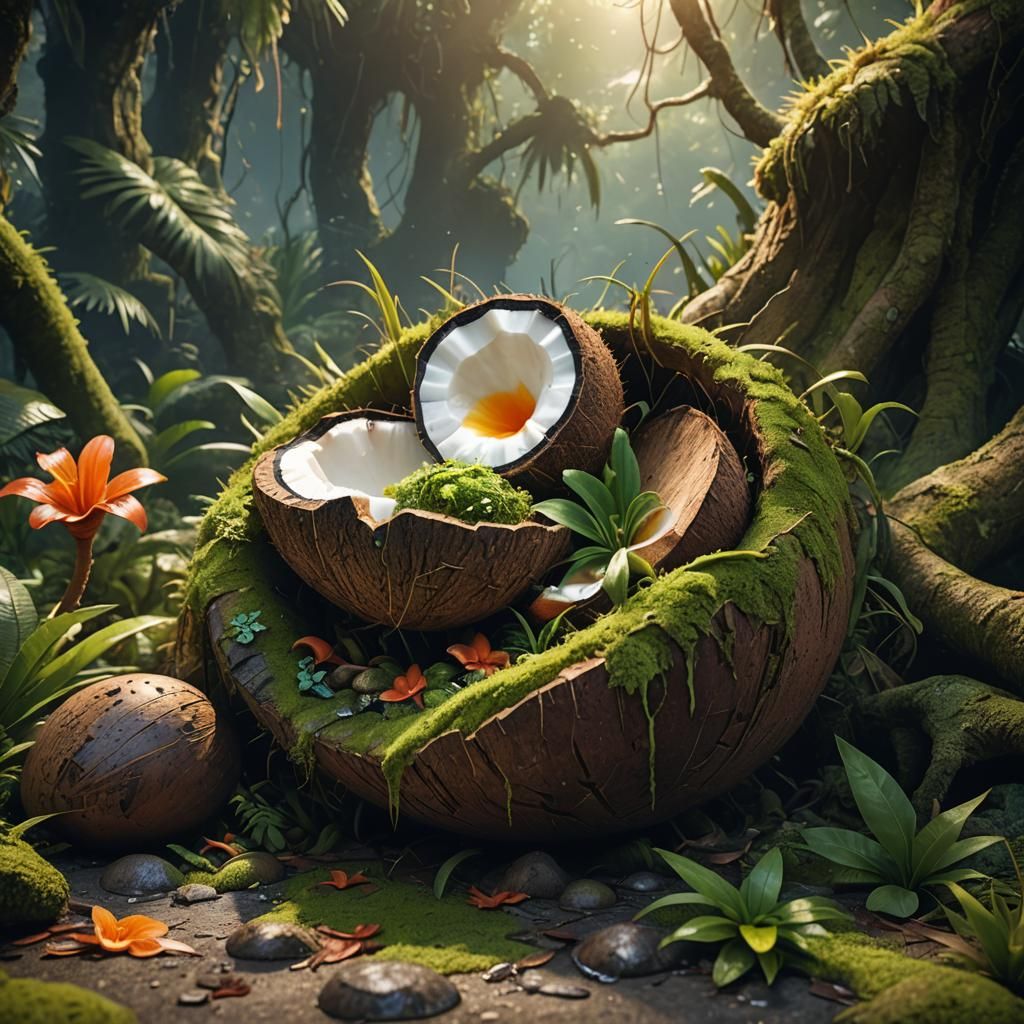 Exotic Flora Growing From Broken Coconut Shell