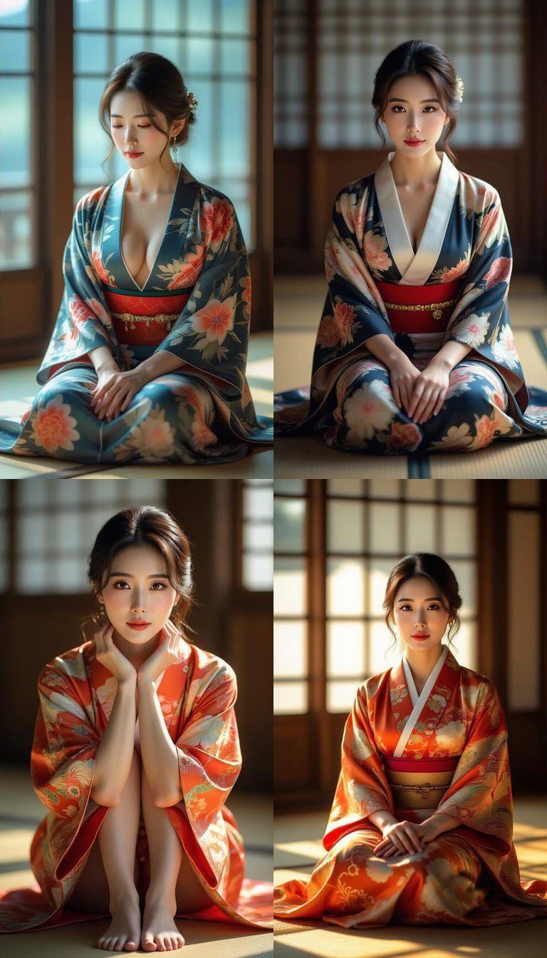 Photorealistic Korean Woman in Kimono Sitting Gracefully