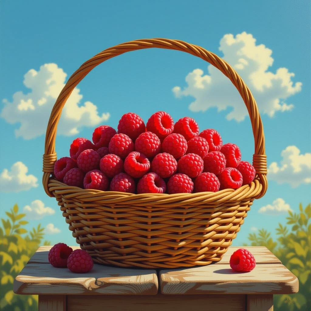 Hyperrealistic Basket Overflowing with Ripe Raspberries