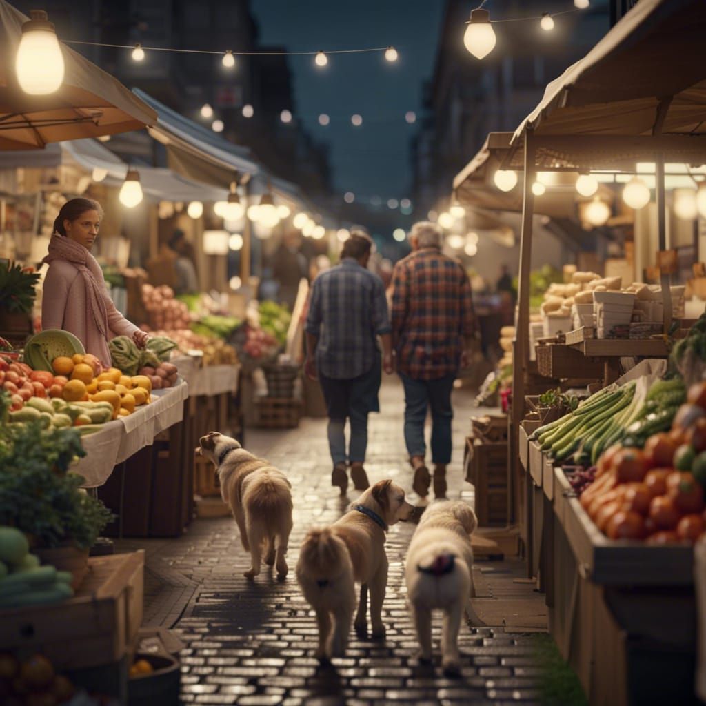 Dogs and Cats Shopping at Farmers Market in HD