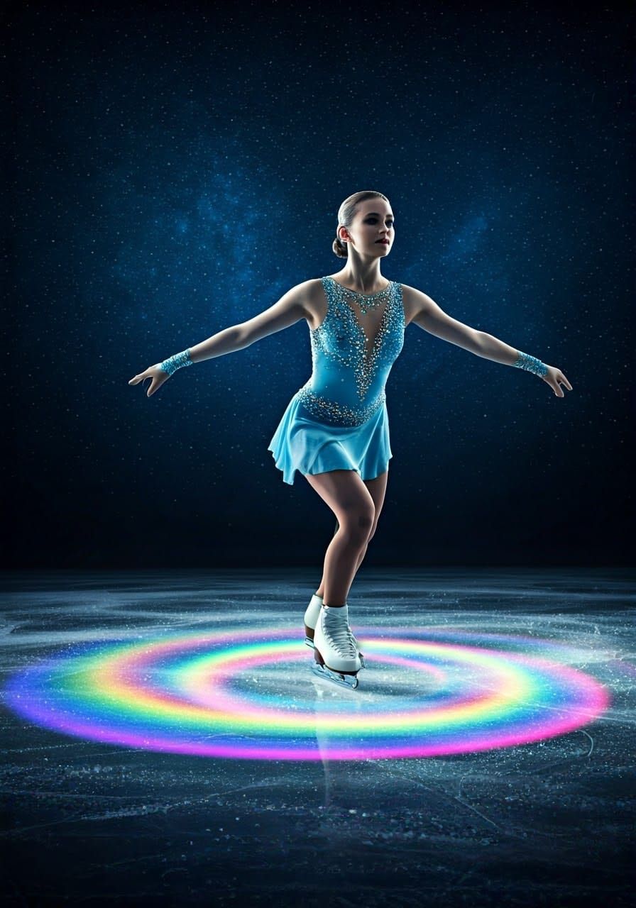 Glowing Figure Skater Leaves Rainbow Markings on Ice in a Ce...