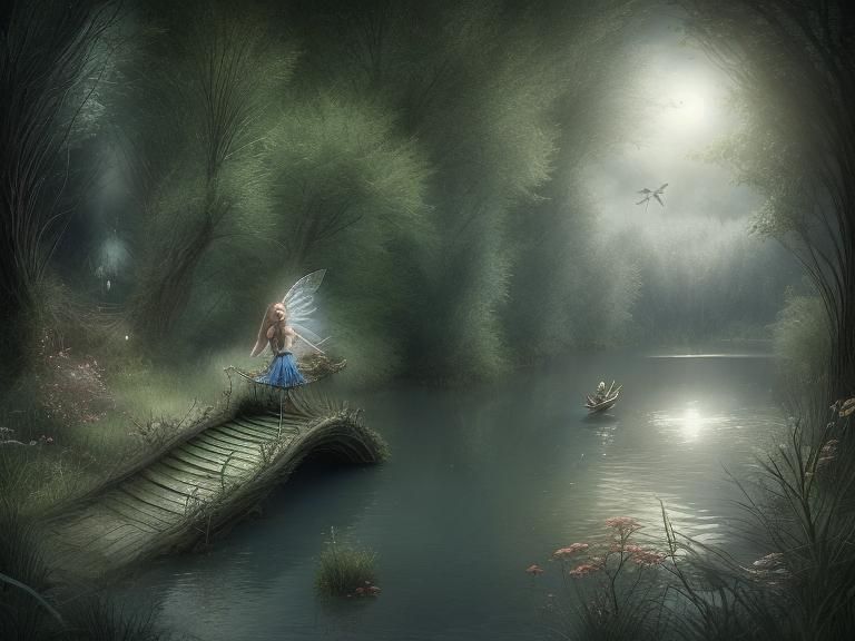 A fairy boat carries the lovely fairy woman