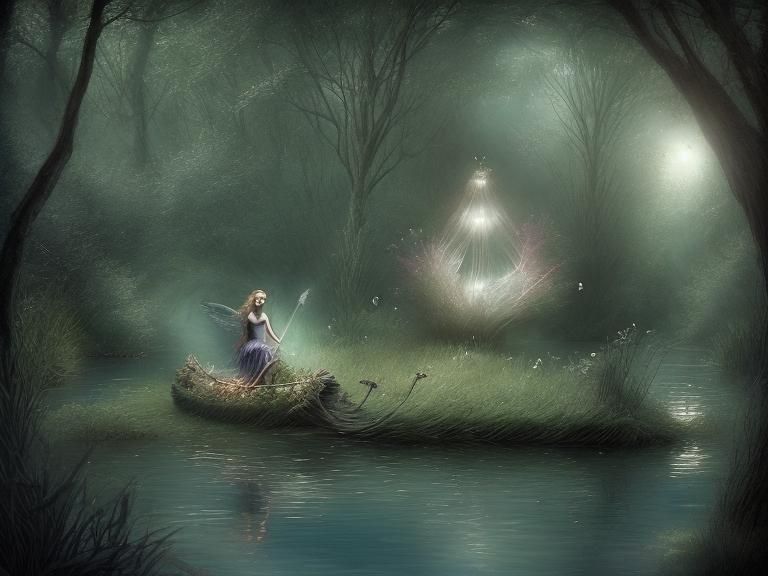 A fairy boat carries the lovely fairy woman