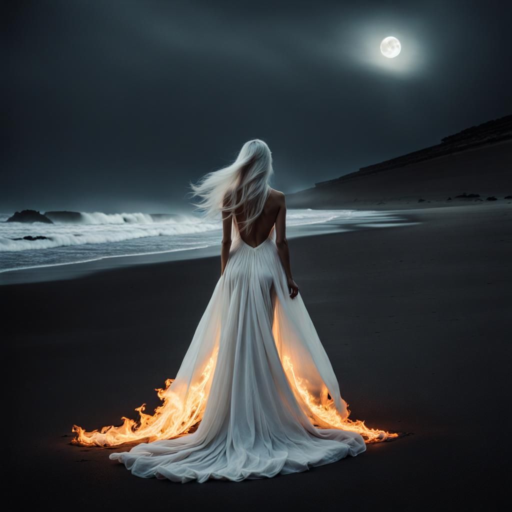 Woman Ablaze on Moonlit Beach: Surreal Monochrome Art