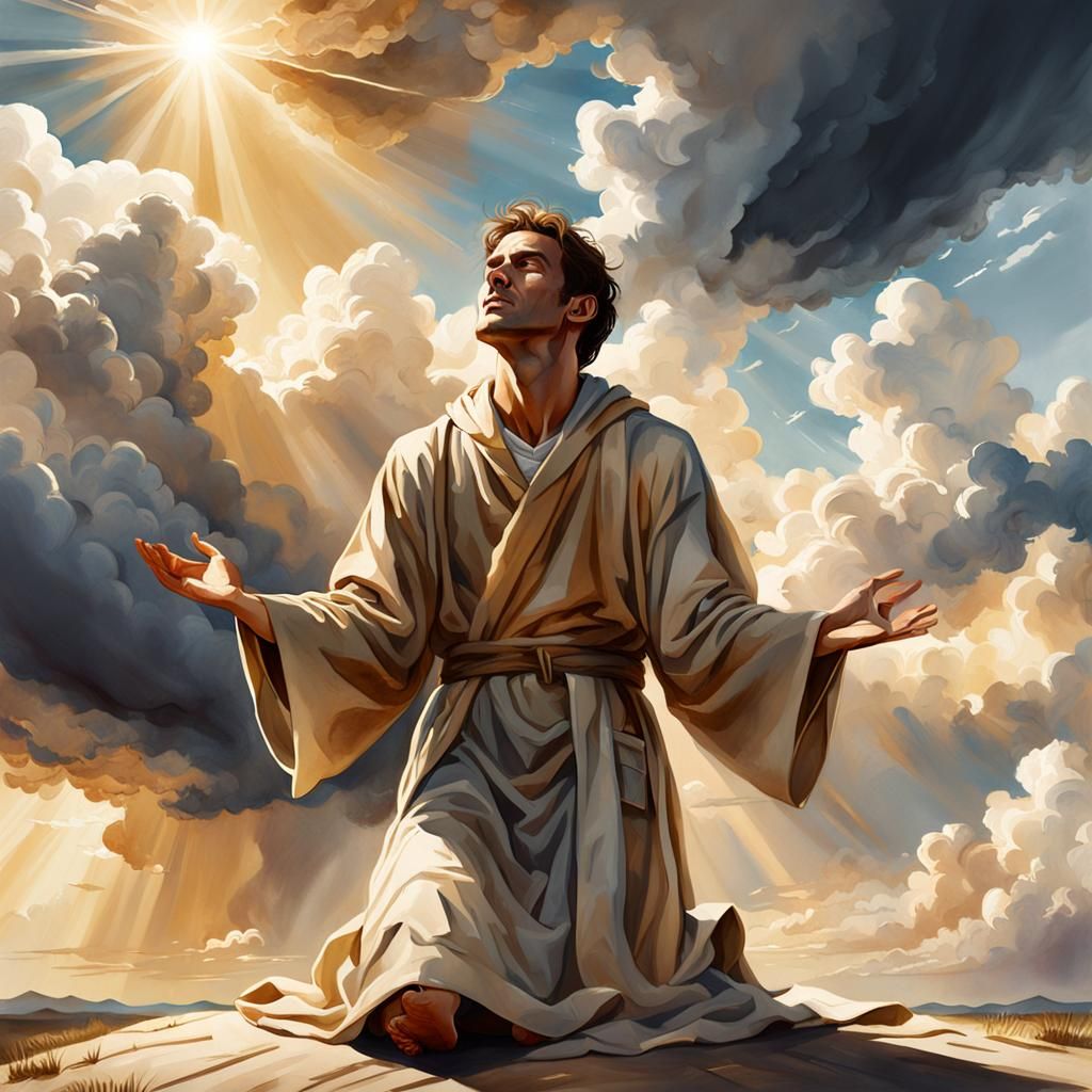 Dramatic Scene of Man Praying in Golden Light
