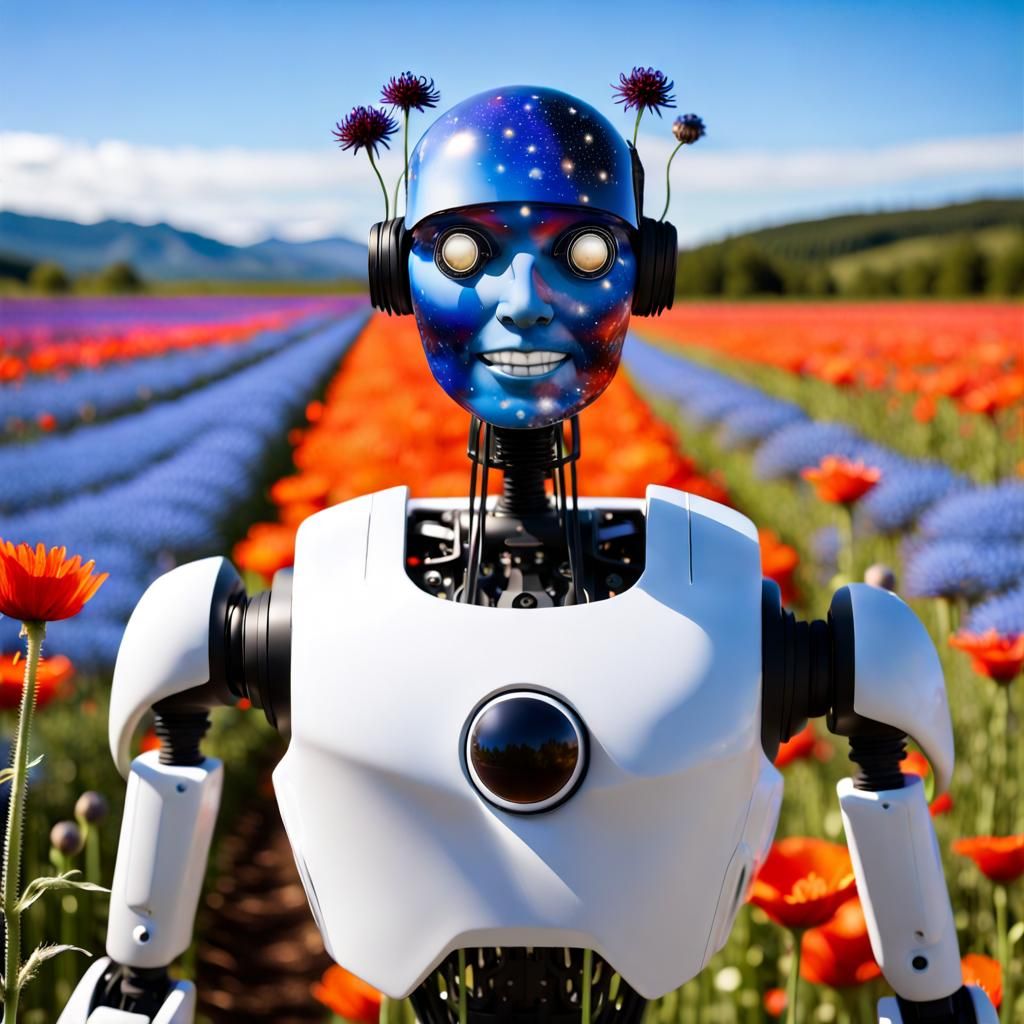 Humanoid Robot Holds Flower in Poppy Field