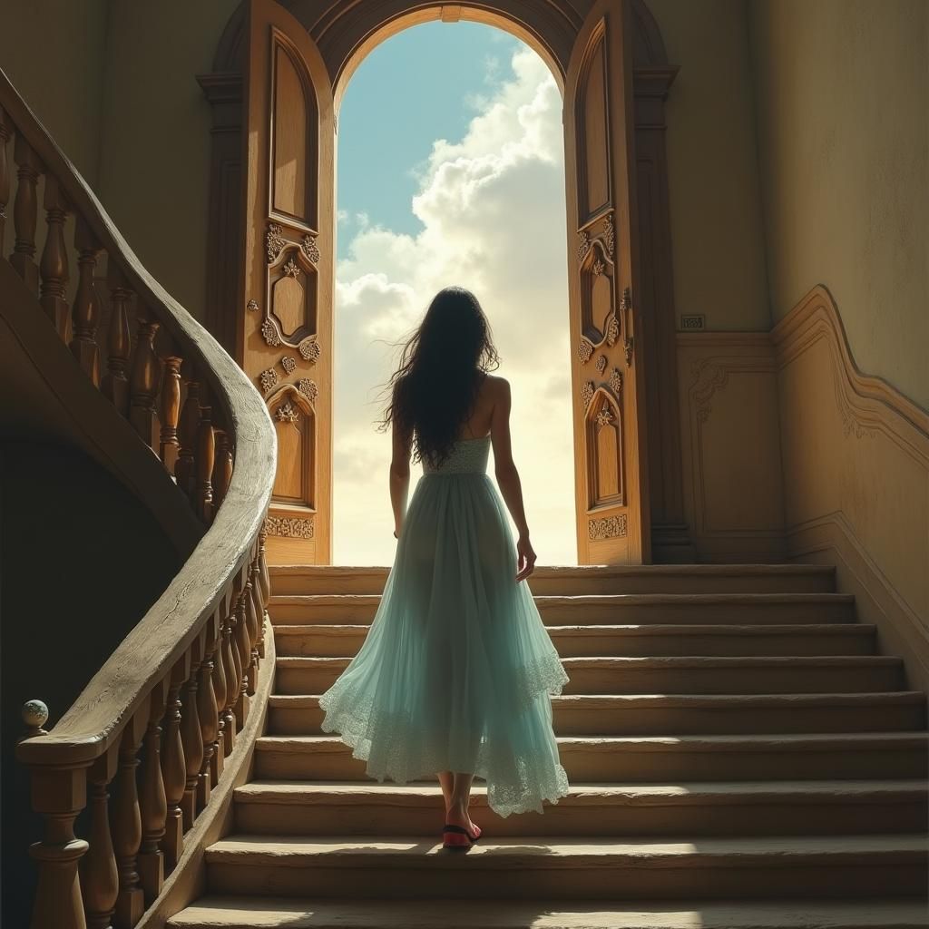 Ethereal Woman Ascending Ornate Staircase