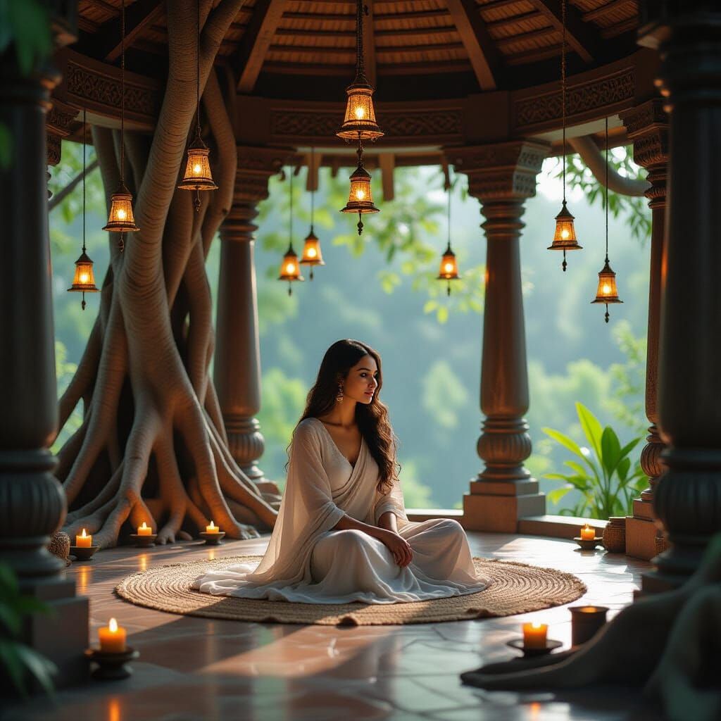 Serene Woman in a Banyan Grove-Like Room