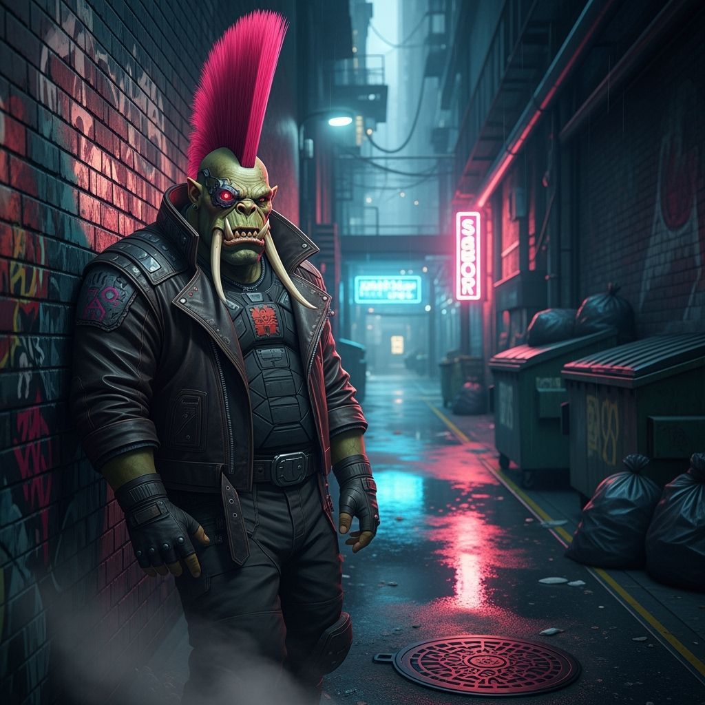 Cyberpunk Ork with Fluorescent Mohawk in Alley