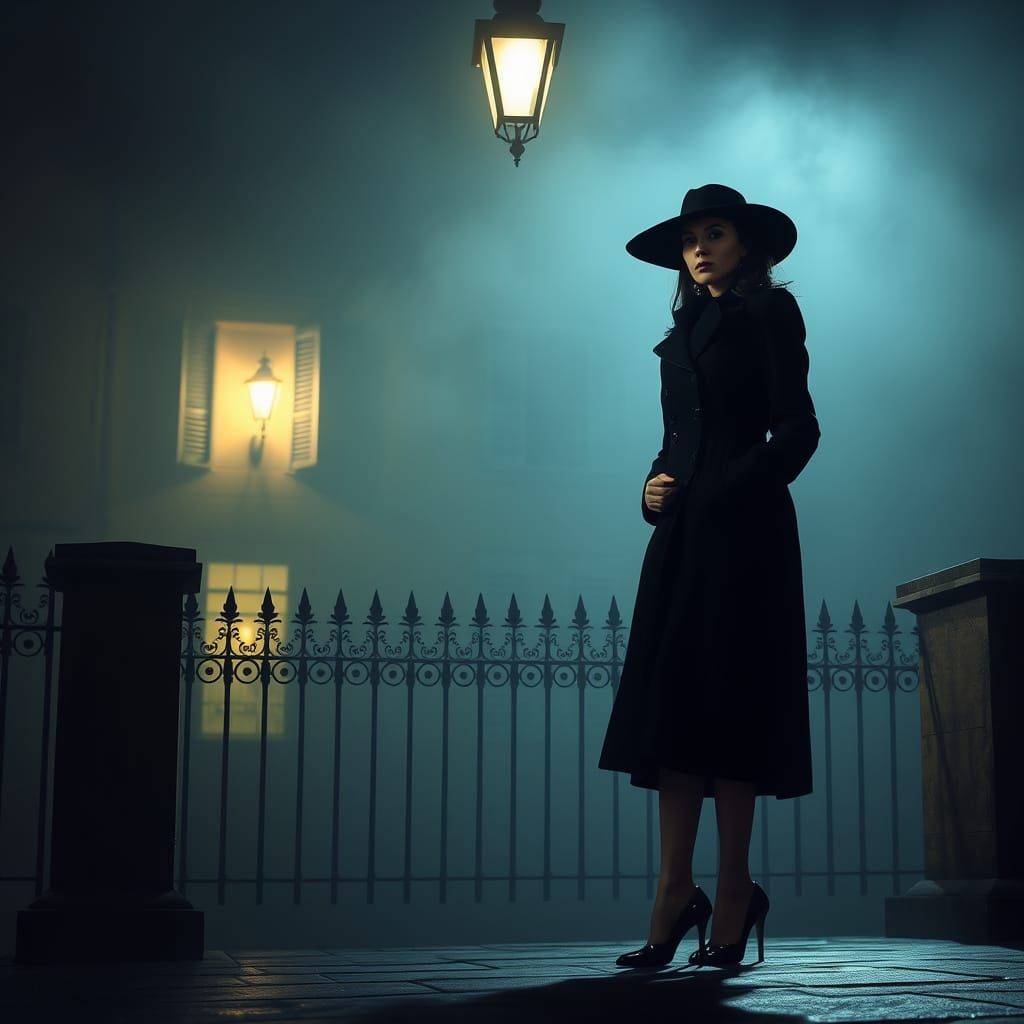 Mysterious Woman in a Foggy Film Noir Night