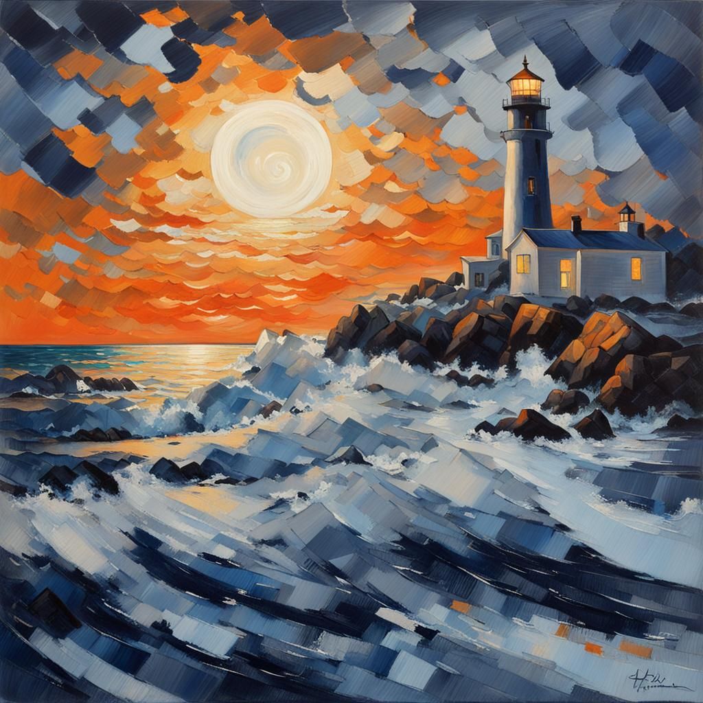 Moonlit Ocean Waves in Impressionistic Style