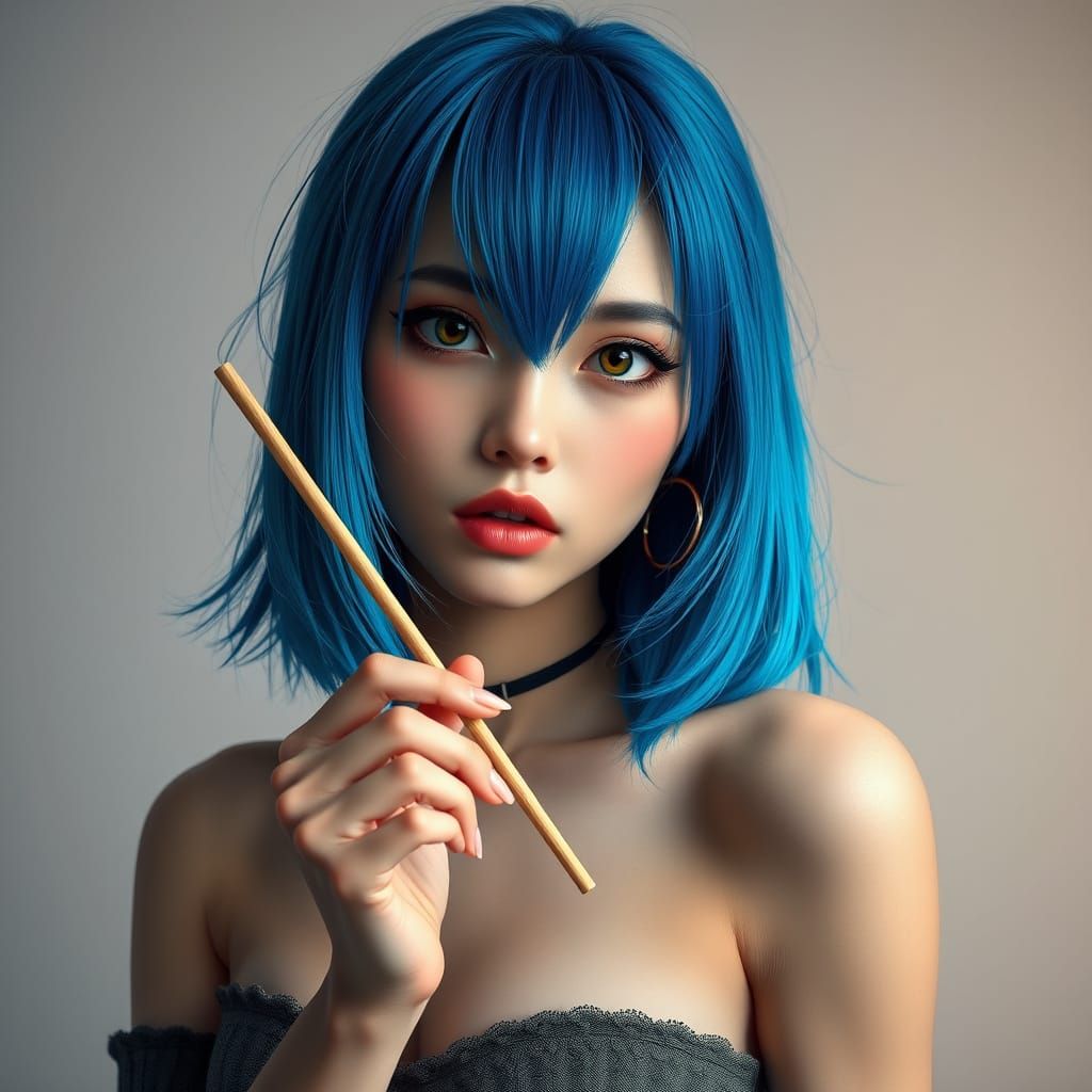 Blue-Haired Woman Confidently Holds a Chopstick