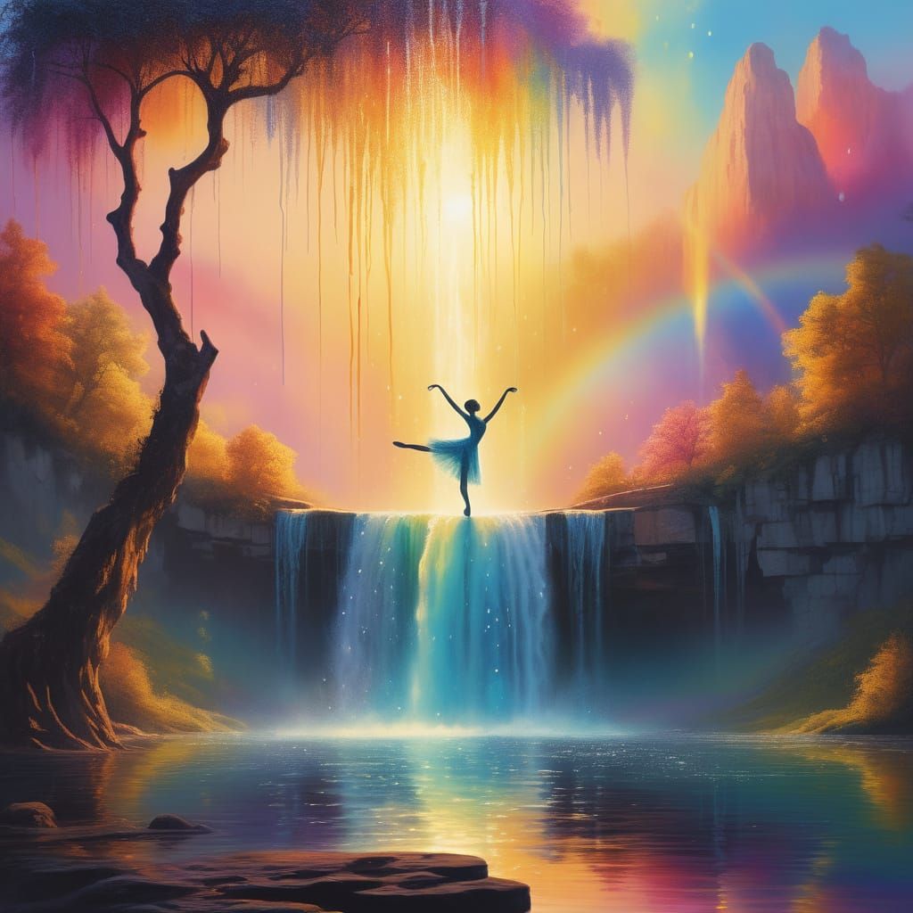 Waterfall Dancer: A Surreal Oil Painting in Triadic Colors