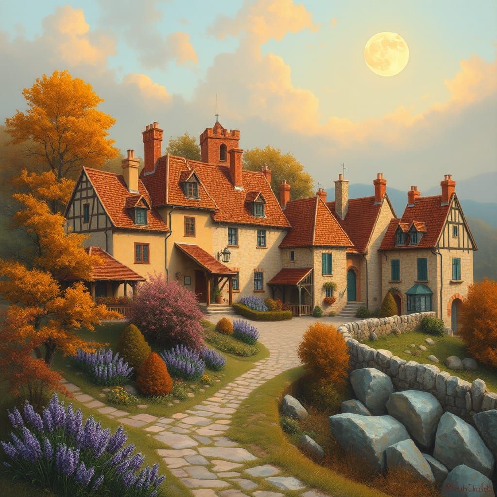 Two quaint, medieval-style houses nestled on a hillside, bathed in the warm light of a sunset or sunrise.  The houses ar...