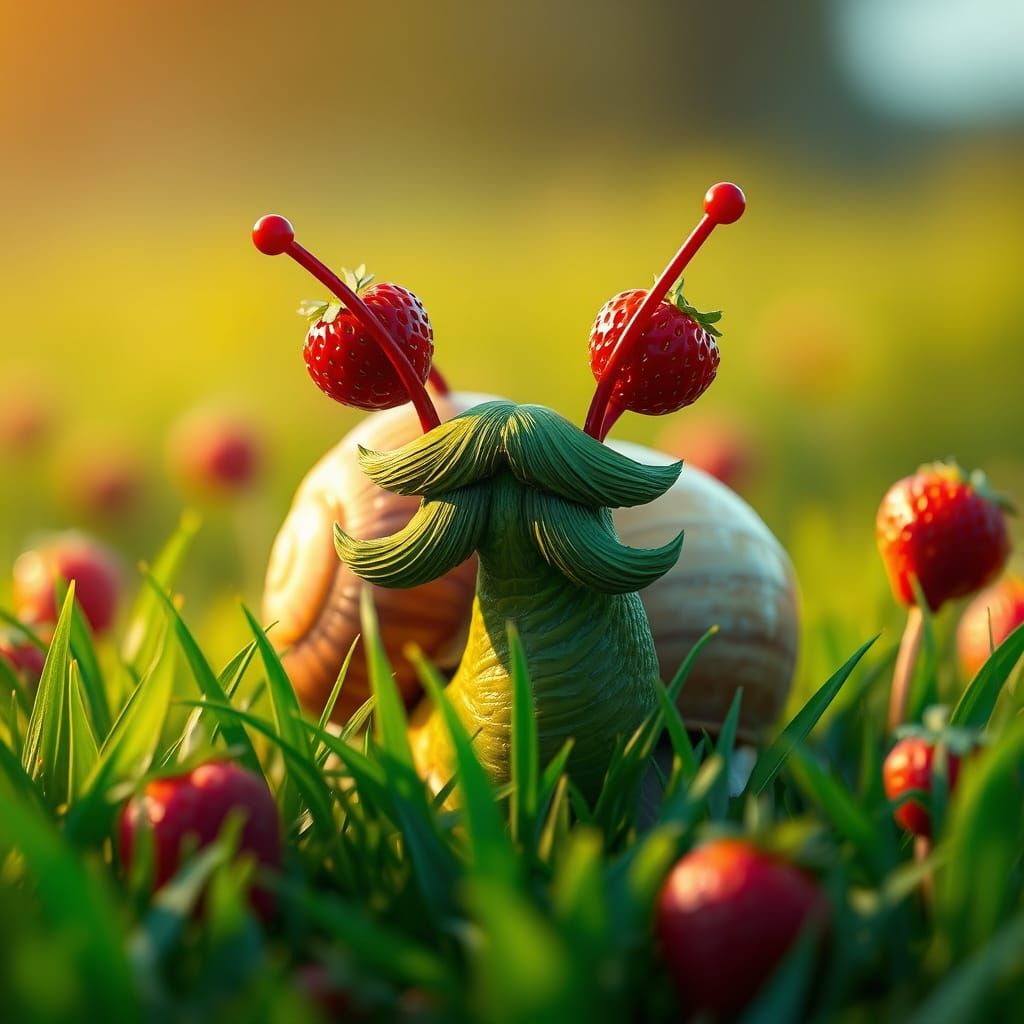 Whimsical Snail in Emerald Meadow with Vibrant Strawberries